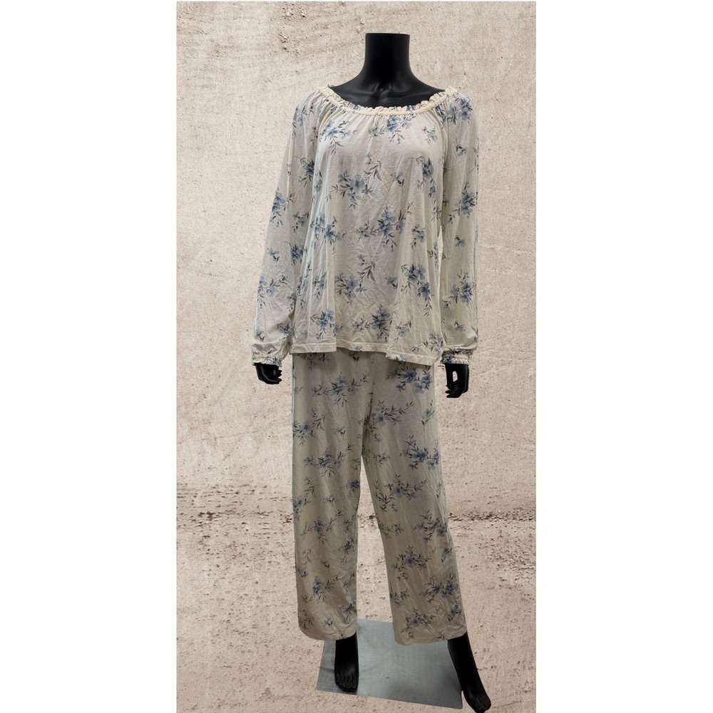 Lauren Ralph Lauren Floral Pajama Set Cotton Blue Ivory Women's L - Picture 3 of 11